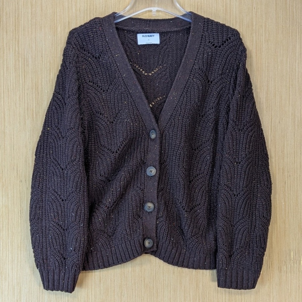 Old Navy Womens Boho Retro Slouchy Pointelle Knit Cardigan Sweater Size M Brown